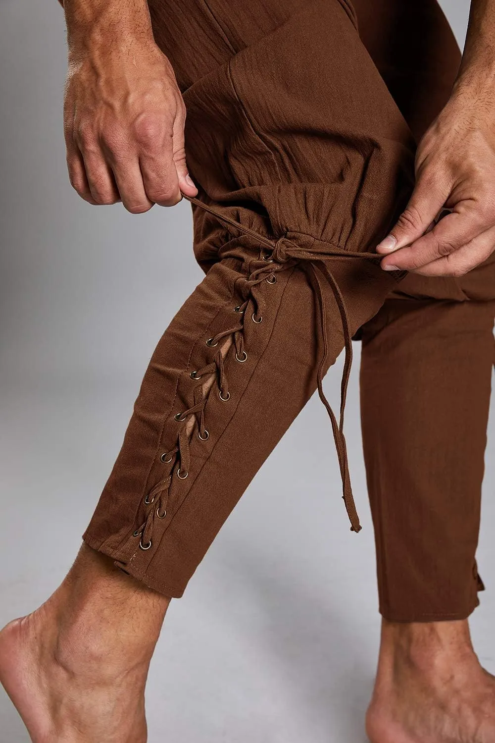 Makkrom Mens Medieval Ankle Pants Viking Pirate Costume Lace Up Tapered Banded Renaissance Navigator Halloween Trousers