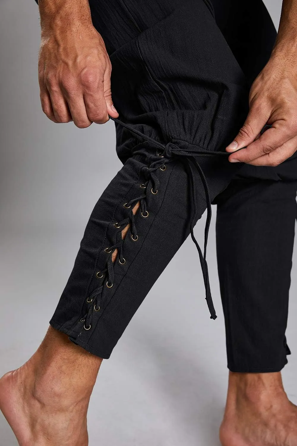 Makkrom Mens Medieval Ankle Pants Viking Pirate Costume Lace Up Tapered Banded Renaissance Navigator Halloween Trousers
