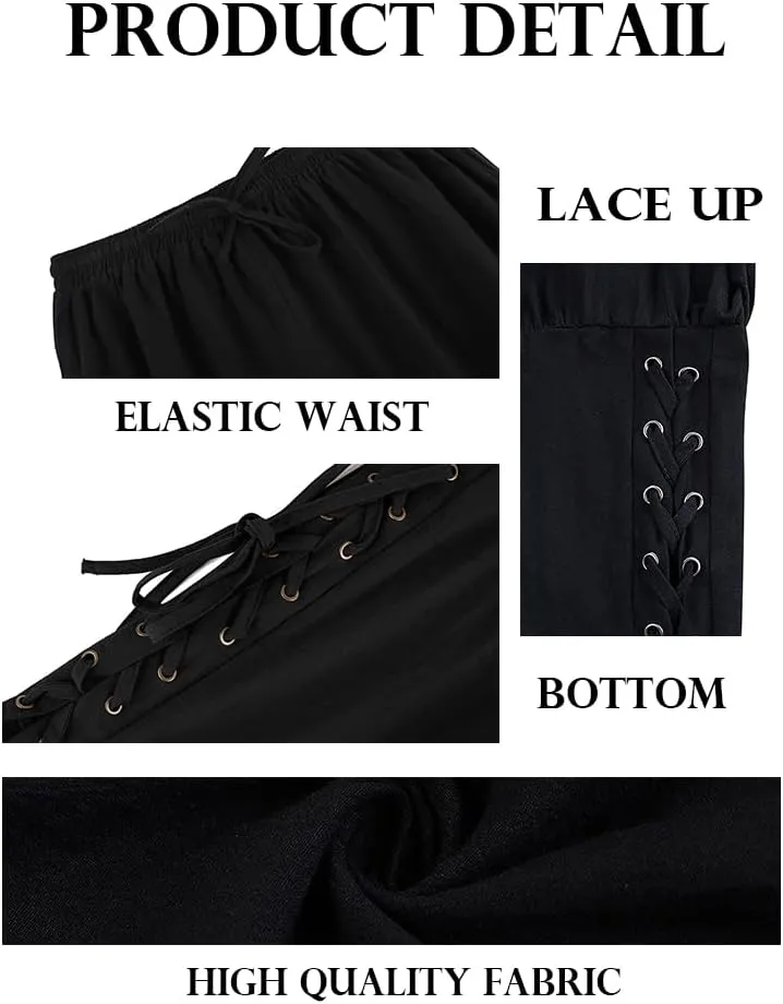 Makkrom Mens Medieval Ankle Pants Viking Pirate Costume Lace Up Tapered Banded Renaissance Navigator Halloween Trousers