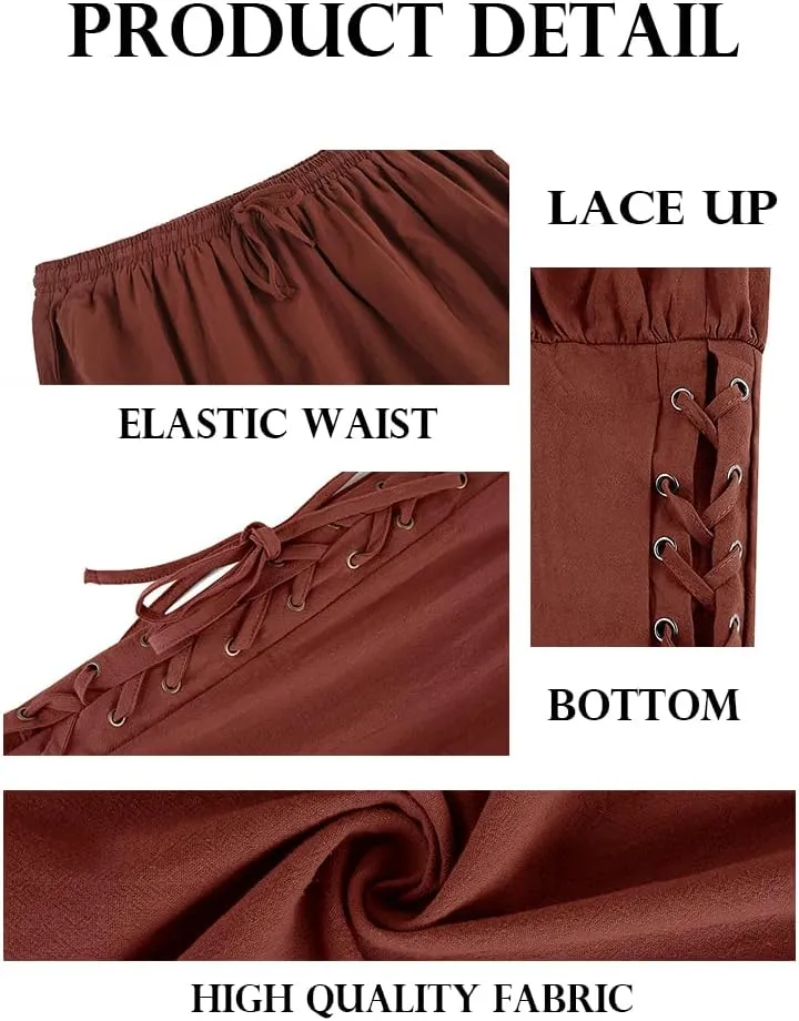 Makkrom Mens Medieval Ankle Pants Viking Pirate Costume Lace Up Tapered Banded Renaissance Navigator Halloween Trousers