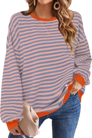 Mansy Women Oversized Striped Color Block Long Sleeve Crew Neck Sweatshirt for Teen Girls Pullover Y2K Shirt Tops 2024