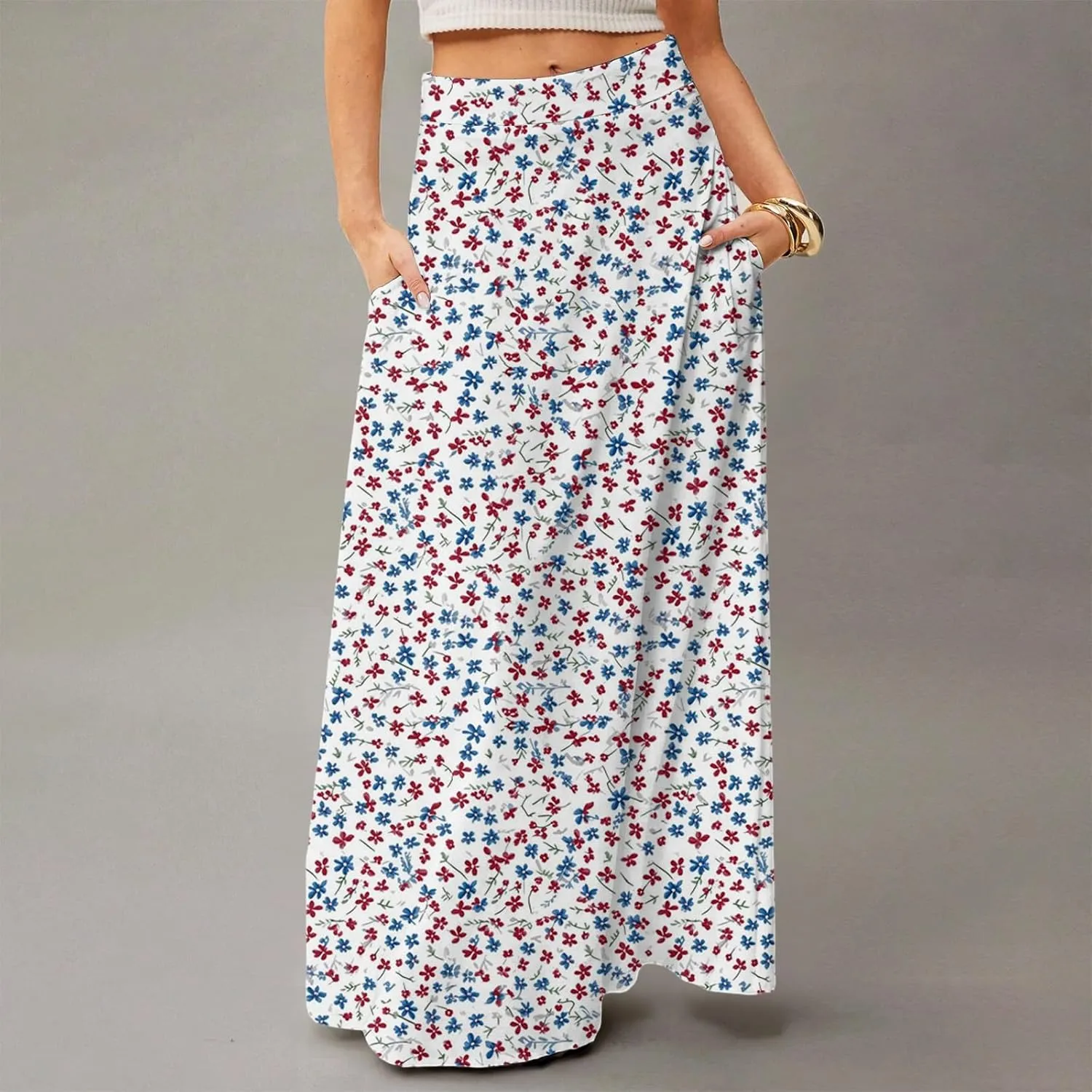 Maxi Skirts for Women 2025 Floral Boho High Waisted Long Skirt with Pockets Flowy Beach Vacation A Line Skirt