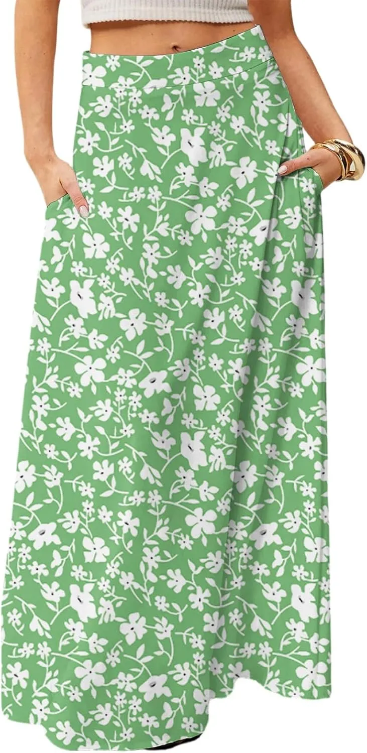 Maxi Skirts for Women 2025 Floral Boho High Waisted Long Skirt with Pockets Flowy Beach Vacation A Line Skirt