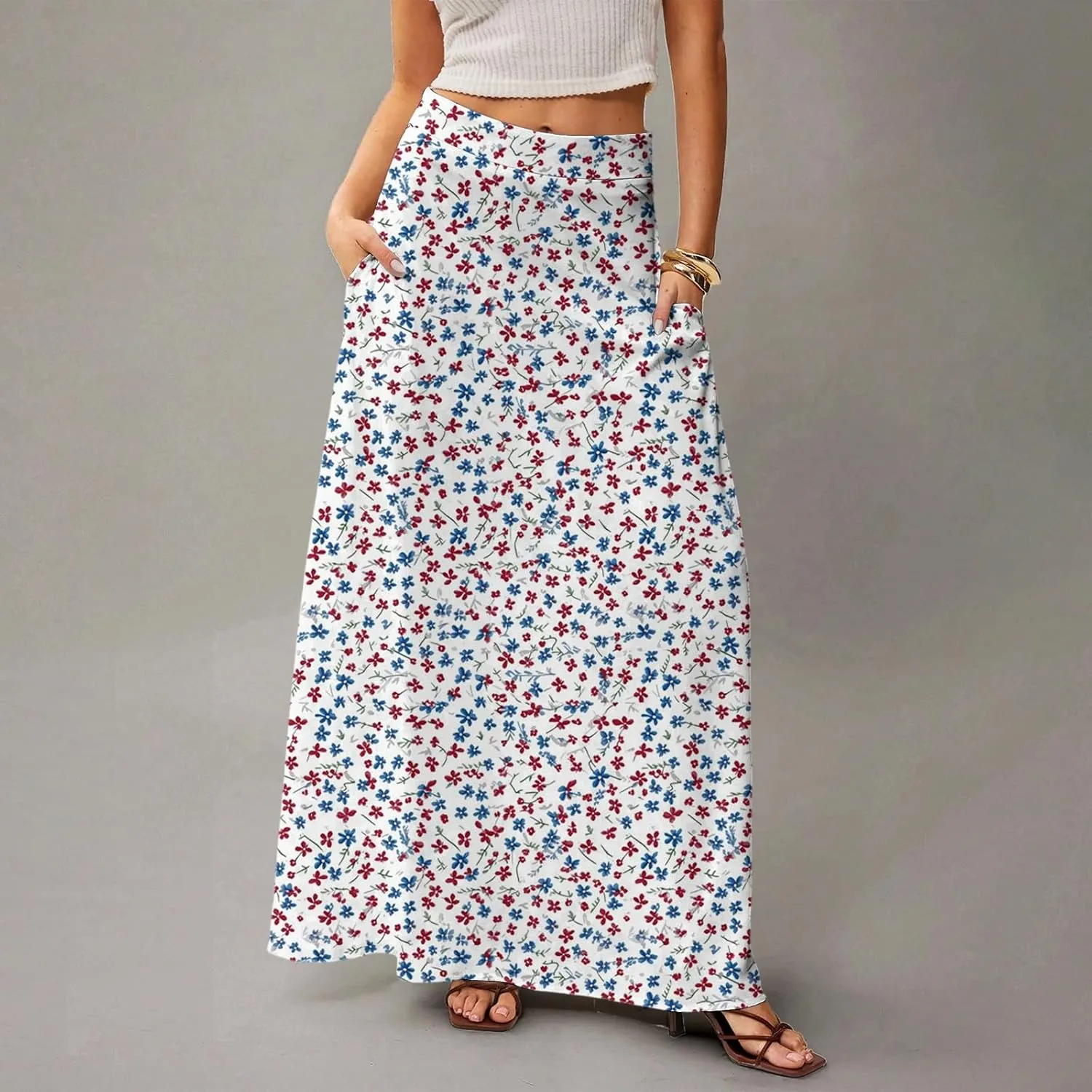 Maxi Skirts for Women 2025 Floral Boho High Waisted Long Skirt with Pockets Flowy Beach Vacation A Line Skirt