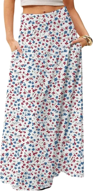 Maxi Skirts for Women 2025 Floral Boho High Waisted Long Skirt with Pockets Flowy Beach Vacation A Line Skirt