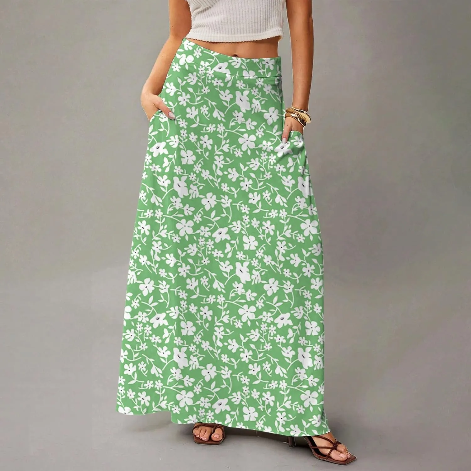 Maxi Skirts for Women 2025 Floral Boho High Waisted Long Skirt with Pockets Flowy Beach Vacation A Line Skirt