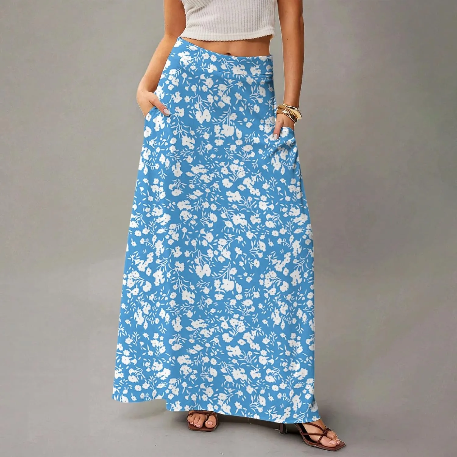Maxi Skirts for Women 2025 Floral Boho High Waisted Long Skirt with Pockets Flowy Beach Vacation A Line Skirt