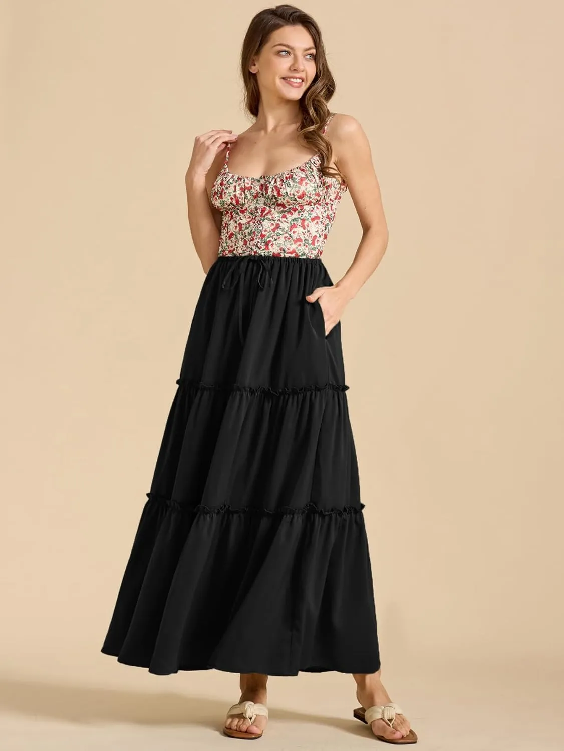 Maxi Skirts for Women Tiered Long Skirts Pleated A Line Adjustable Elastic Waist with Drawstring Flowy Long Skirt
