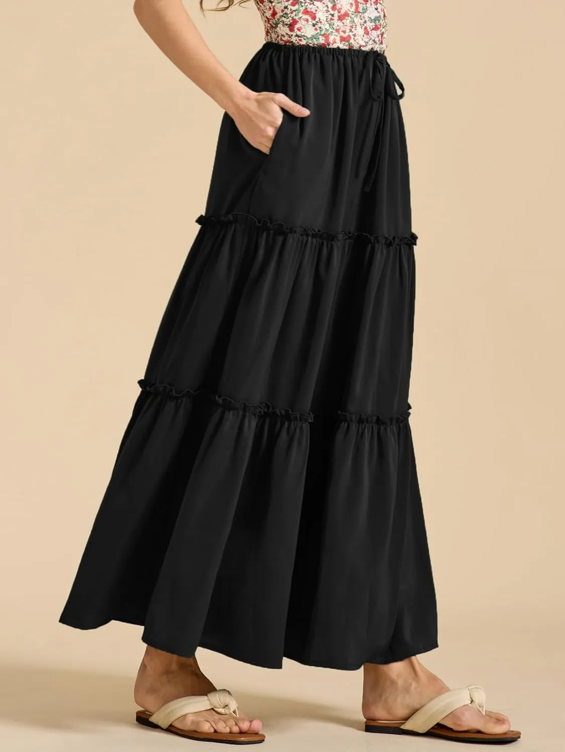 Maxi Skirts for Women Tiered Long Skirts Pleated A Line Adjustable Elastic Waist with Drawstring Flowy Long Skirt