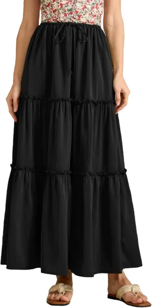 Maxi Skirts for Women Tiered Long Skirts Pleated A Line Adjustable Elastic Waist with Drawstring Flowy Long Skirt
