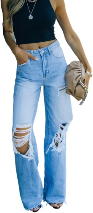 MBLESSEDTO Women's high Waist and Slim Straight Denim Trousers with Holes and Flared Trousers