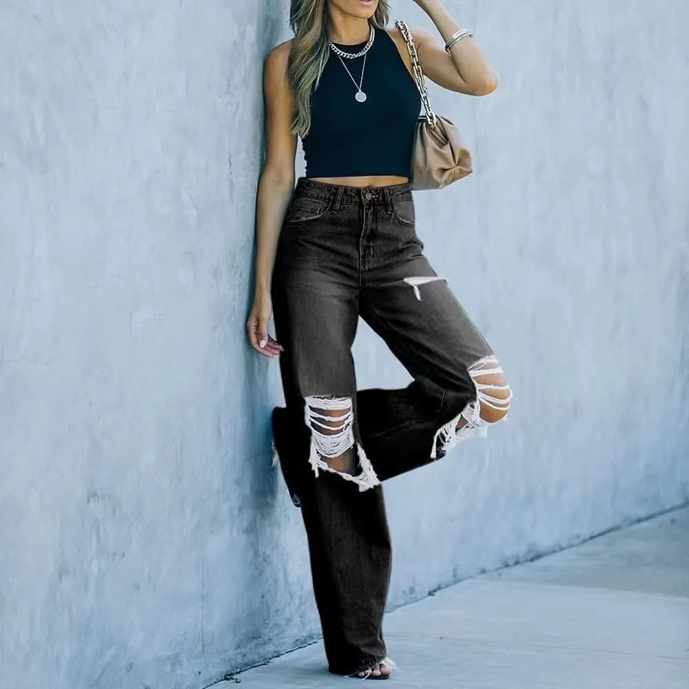 MBLESSEDTO Women's high Waist and Slim Straight Denim Trousers with Holes and Flared Trousers
