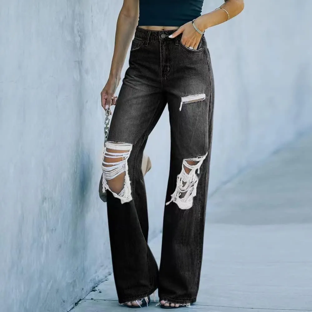 MBLESSEDTO Women's high Waist and Slim Straight Denim Trousers with Holes and Flared Trousers