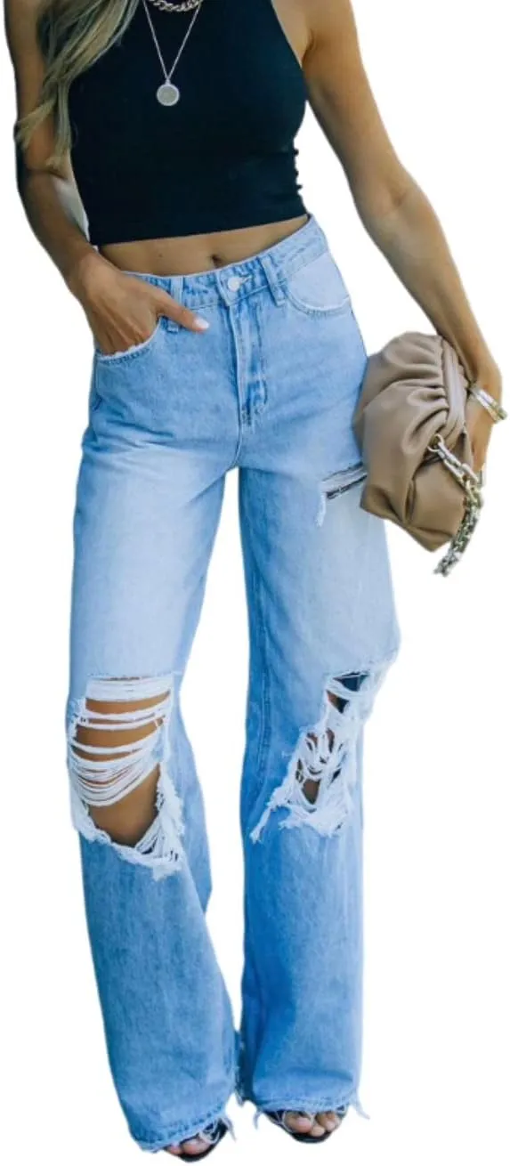 MBLESSEDTO Women's high Waist and Slim Straight Denim Trousers with Holes and Flared Trousers