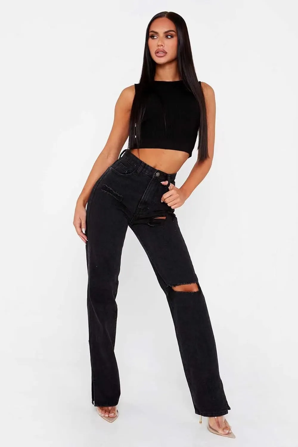 MBLESSEDTO Women's high Waist and Slim Straight Denim Trousers with Holes and Flared Trousers