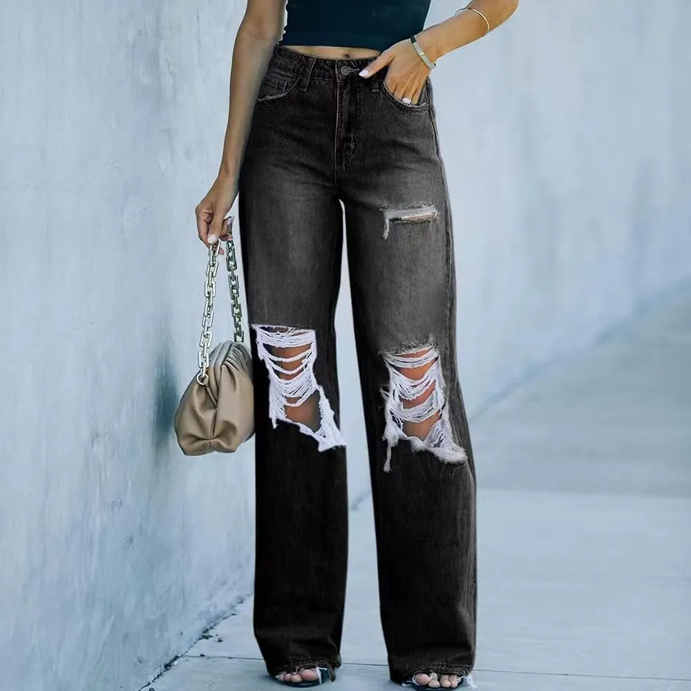 MBLESSEDTO Women's high Waist and Slim Straight Denim Trousers with Holes and Flared Trousers