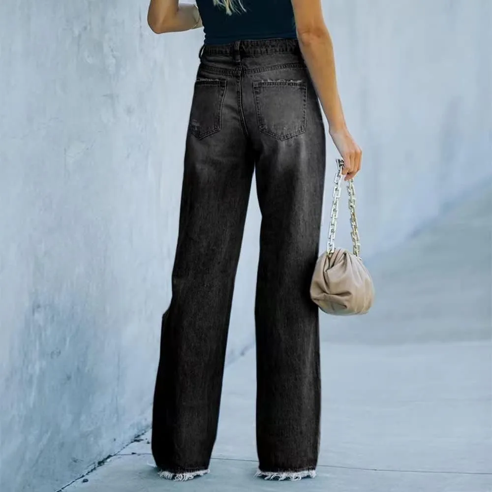 MBLESSEDTO Women's high Waist and Slim Straight Denim Trousers with Holes and Flared Trousers