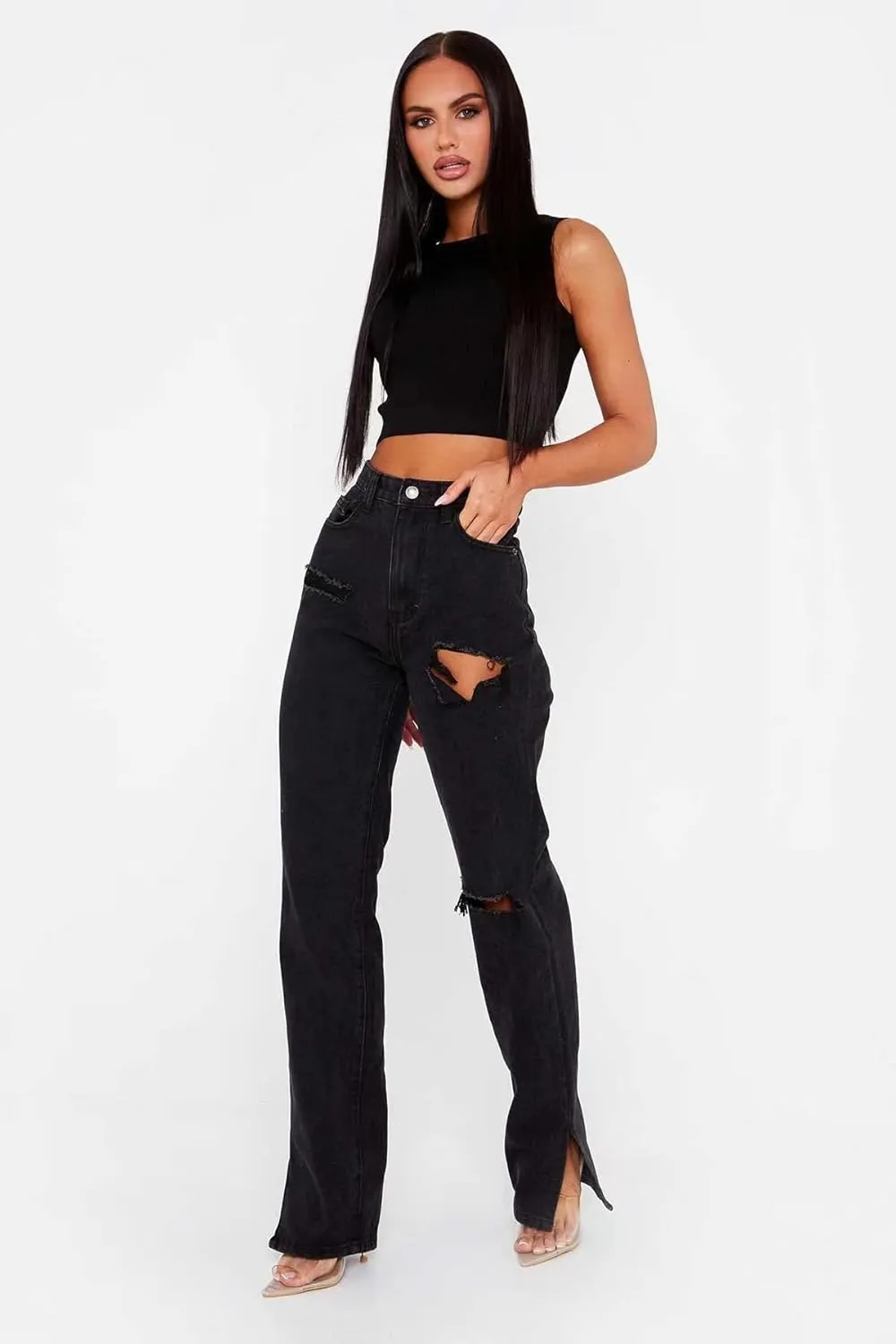 MBLESSEDTO Women's high Waist and Slim Straight Denim Trousers with Holes and Flared Trousers