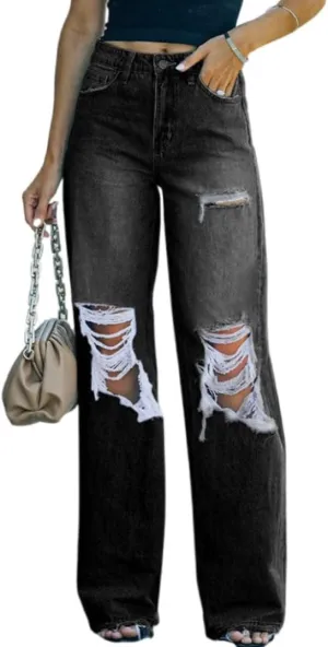 MBLESSEDTO Women's high Waist and Slim Straight Denim Trousers with Holes and Flared Trousers