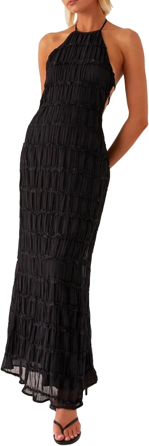 Meiweileya Women Spaghetti Strap Maxi Dress Smocked Drop Waist Long Dresses Backless Tiered Flowy Sundress Summer Beach 2025