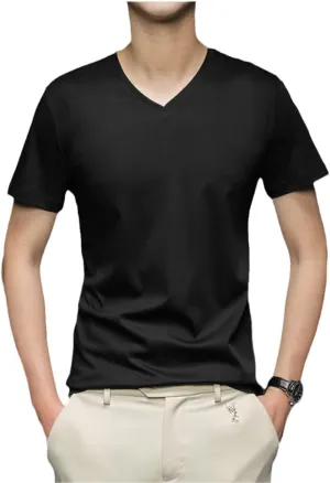 Men Cotton Short Sleeve T Shirt Summer Solid Color V-Neck T-Shirt Undershirts Slim Fit Casual Tee Tops White