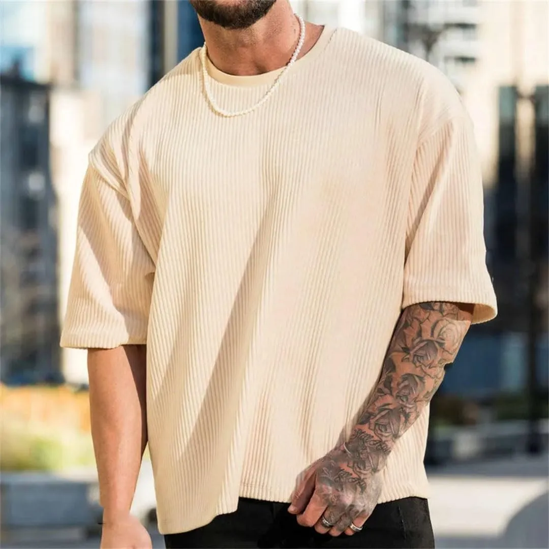 Men's Corduroy Loose T Shirt Summer Crewneck Cotton Running Loose Short Sleeve
