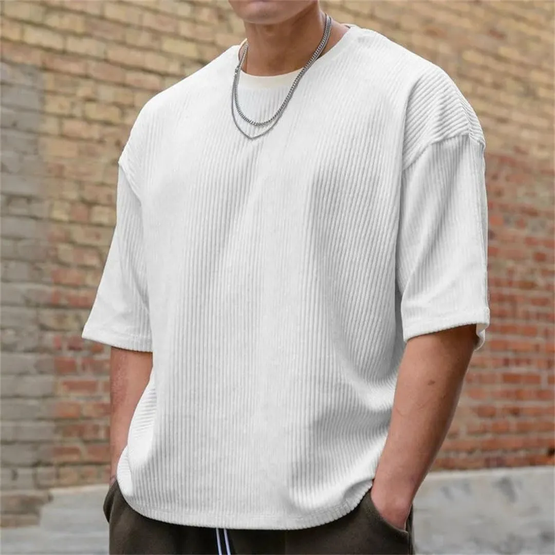 Men's Corduroy Loose T Shirt Summer Crewneck Cotton Running Loose Short Sleeve