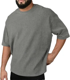 Men's Corduroy Loose T Shirt Summer Crewneck Cotton Running Loose Short Sleeve