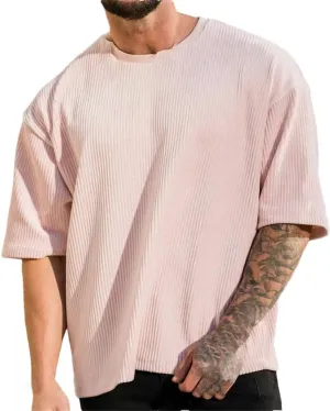 Men's Corduroy Loose T Shirt Summer Crewneck Cotton Running Loose Short Sleeve