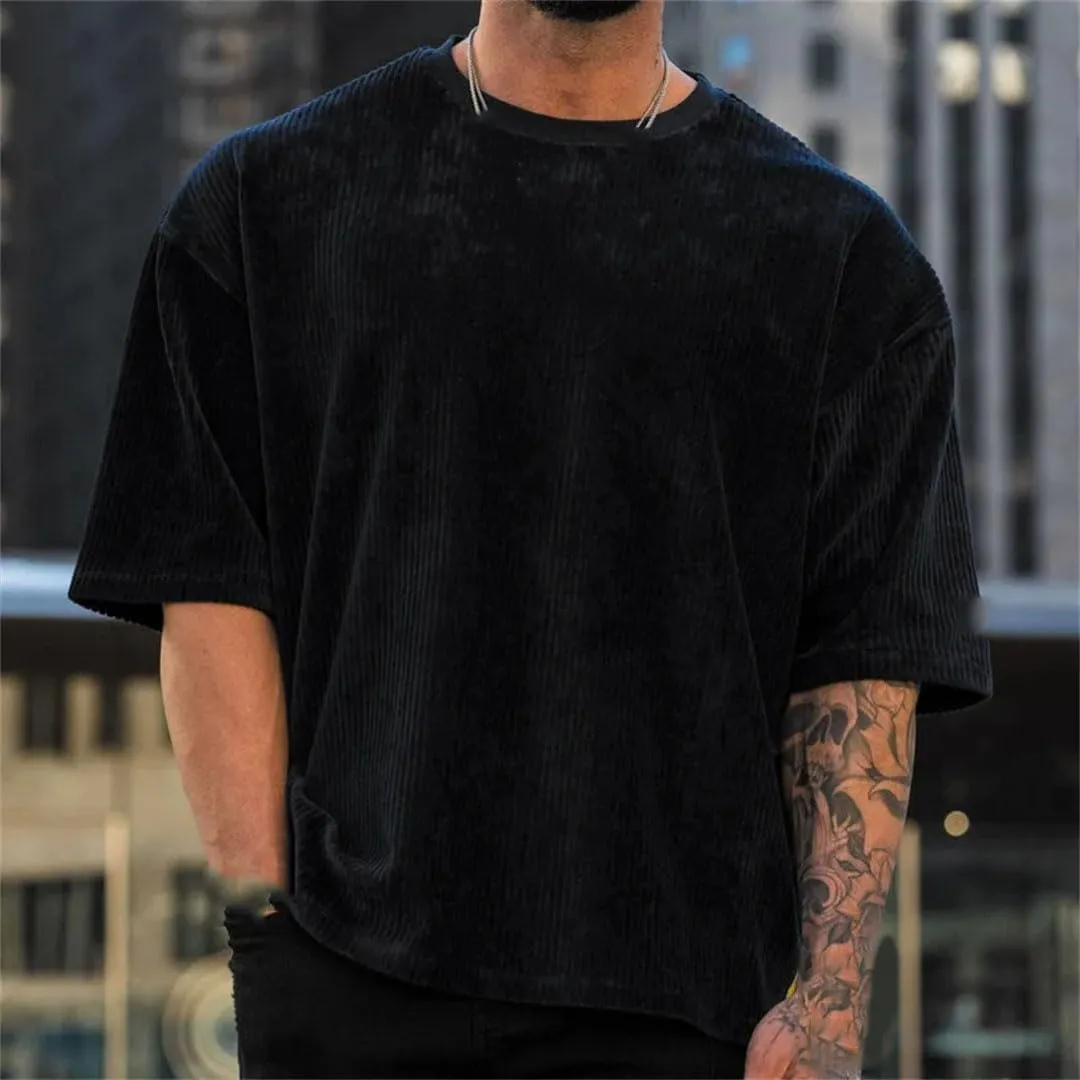 Men's Corduroy Loose T Shirt Summer Crewneck Cotton Running Loose Short Sleeve