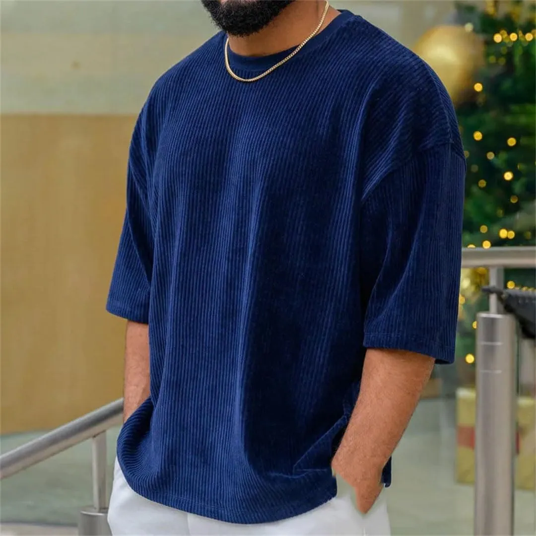 Men's Corduroy Loose T Shirt Summer Crewneck Cotton Running Loose Short Sleeve