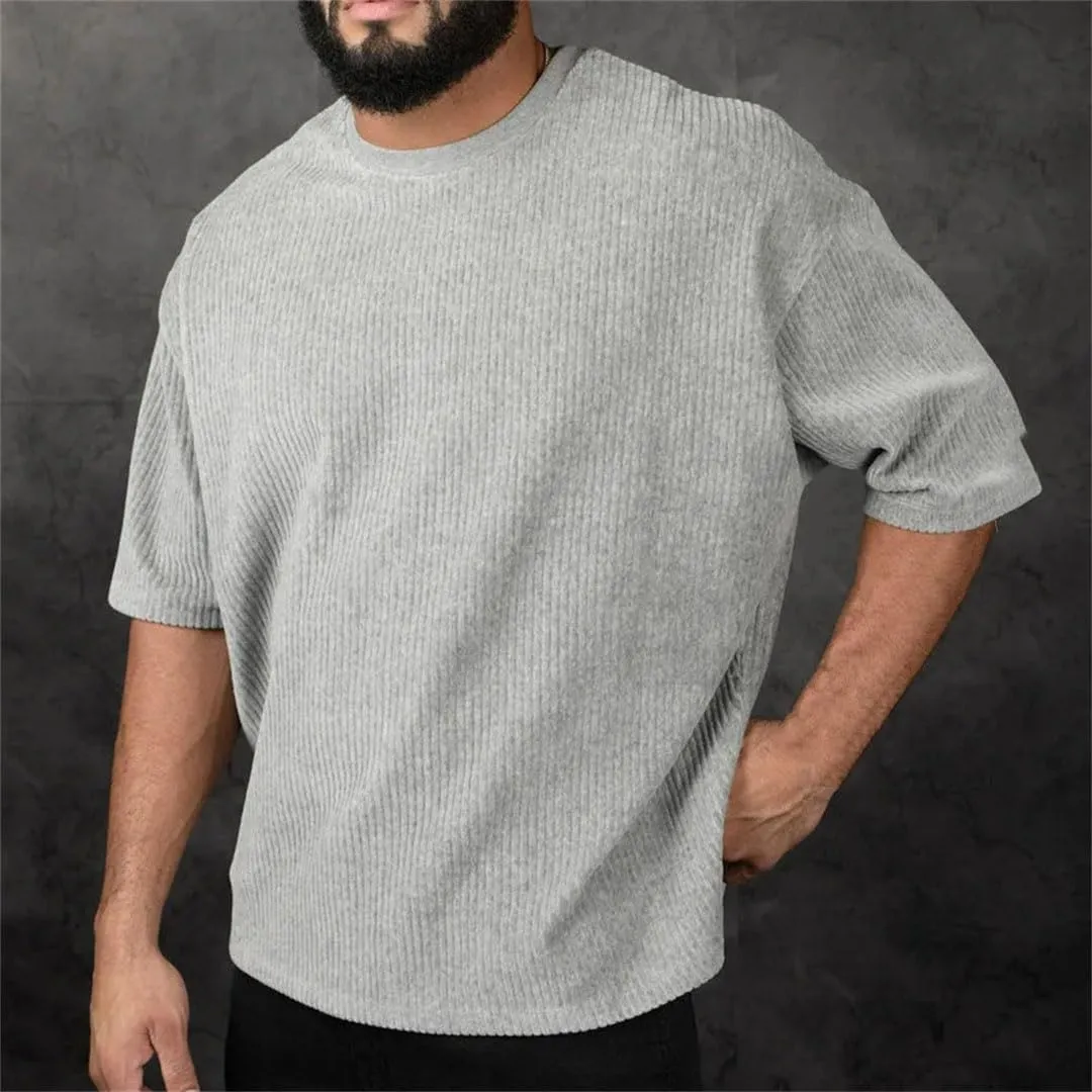 Men's Corduroy Loose T Shirt Summer Crewneck Cotton Running Loose Short Sleeve