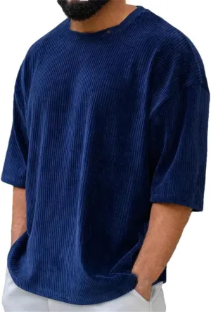 Men's Corduroy Loose T Shirt Summer Crewneck Cotton Running Loose Short Sleeve