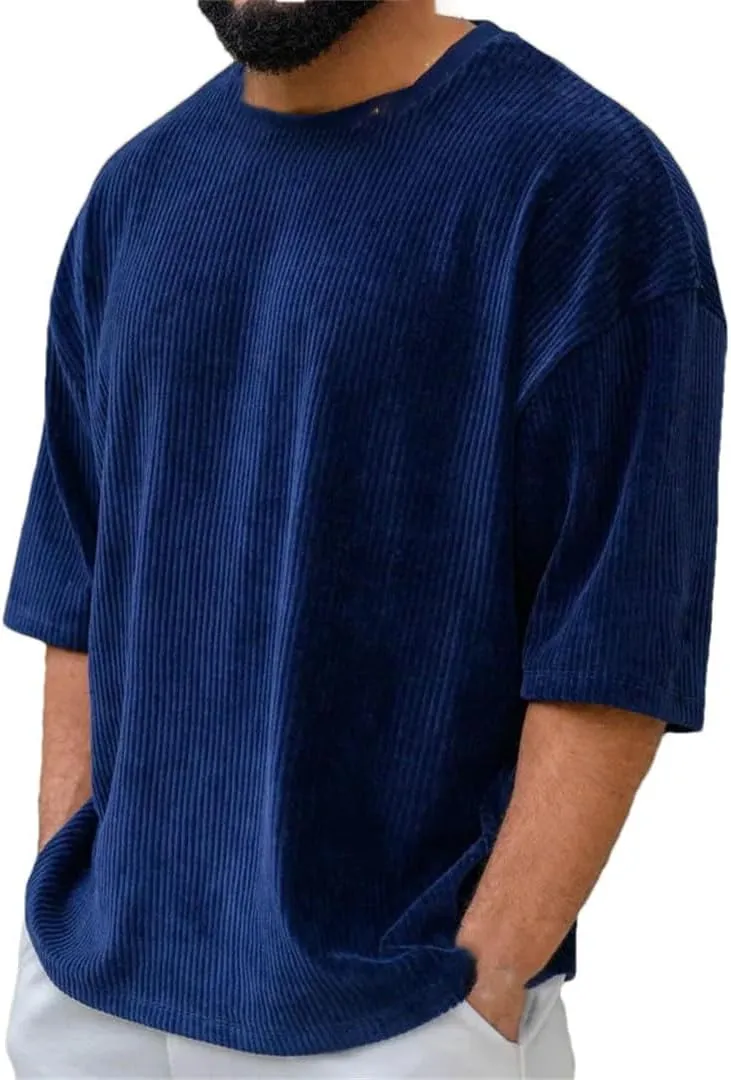 Men's Corduroy Loose T Shirt Summer Crewneck Cotton Running Loose Short Sleeve