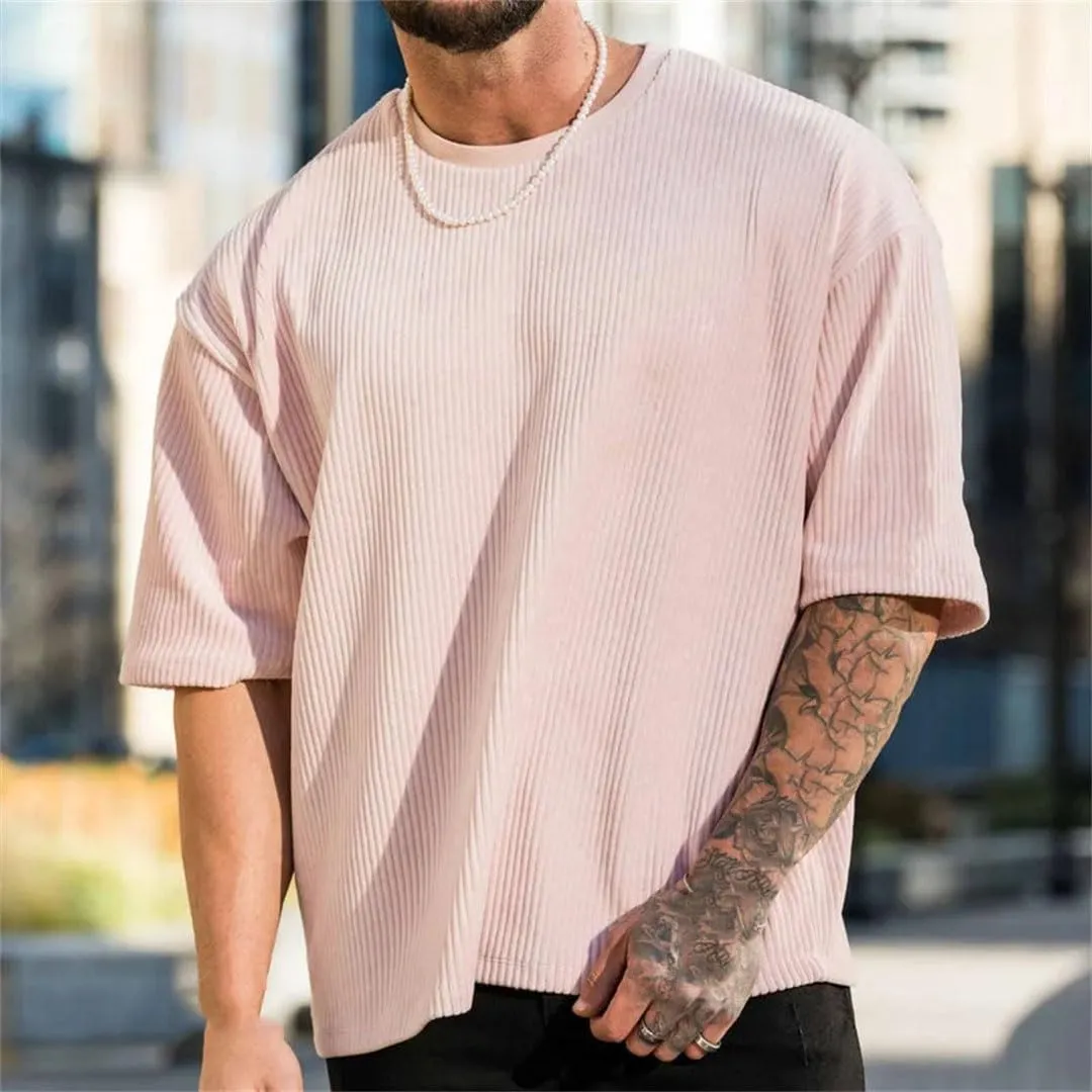 Men's Corduroy Loose T Shirt Summer Crewneck Cotton Running Loose Short Sleeve
