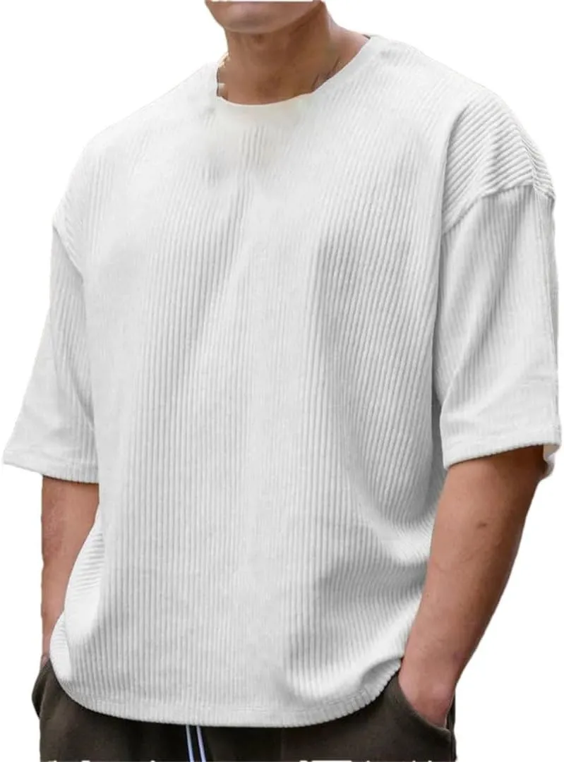 Men's Corduroy Loose T Shirt Summer Crewneck Cotton Running Loose Short Sleeve