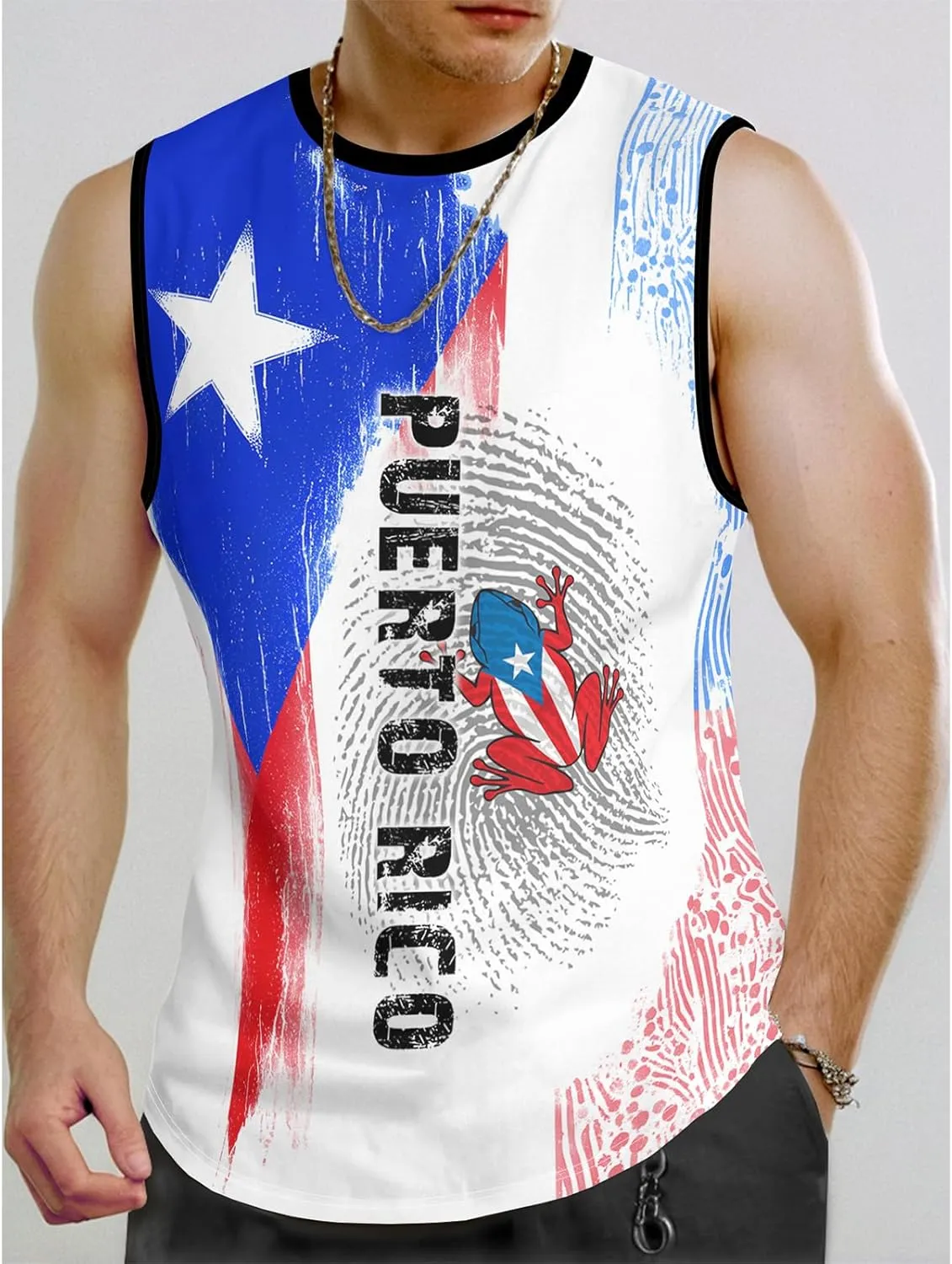 Men's Puerto Rican Flag Tank Top Casual 3D Frog Graphic Print Shirt Quick Dry Sleeveless Sports Vest