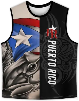 Men's Puerto Rican Flag Tank Top Casual 3D Frog Graphic Print Shirt Quick Dry Sleeveless Sports Vest