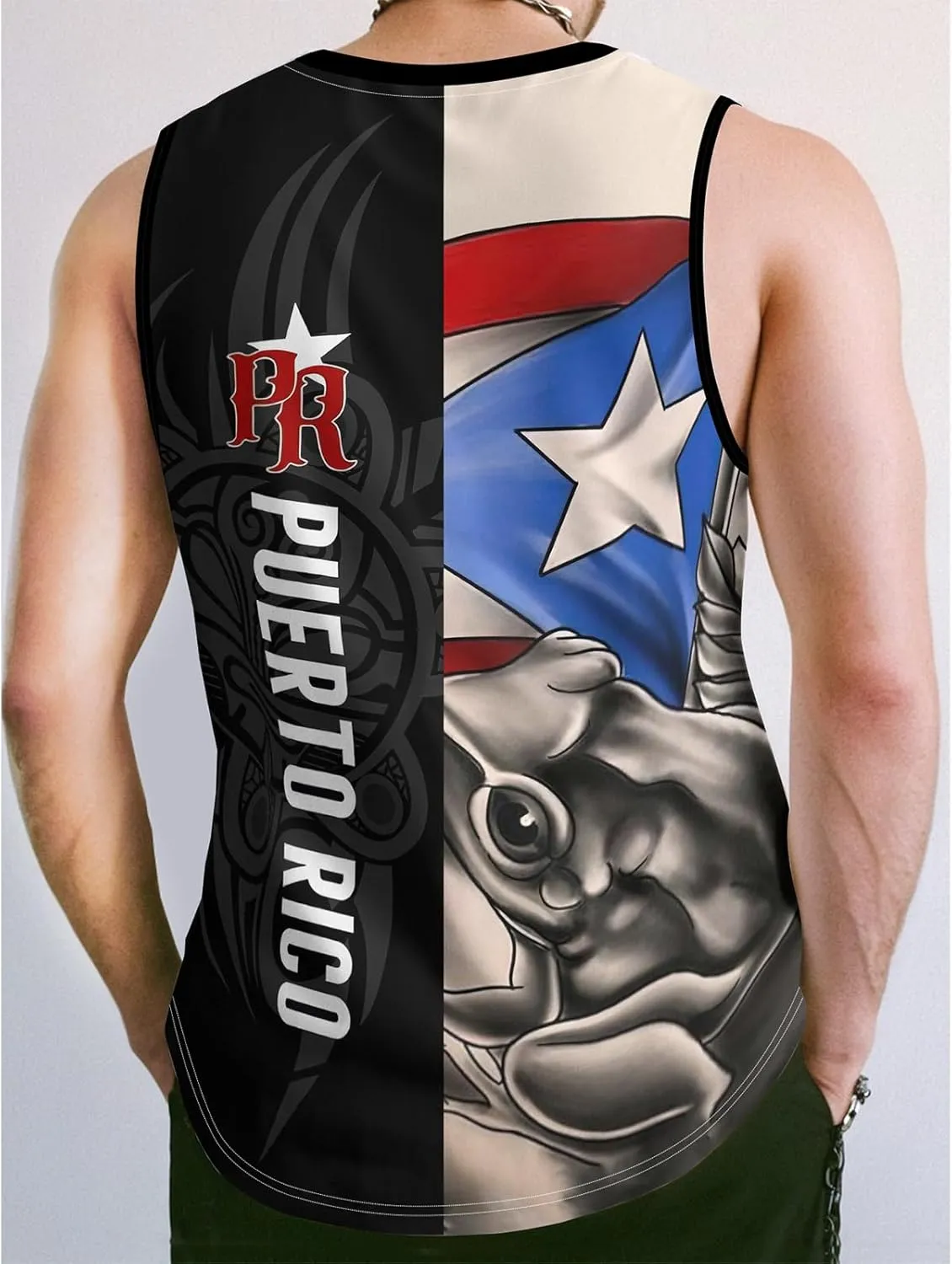 Men's Puerto Rican Flag Tank Top Casual 3D Frog Graphic Print Shirt Quick Dry Sleeveless Sports Vest
