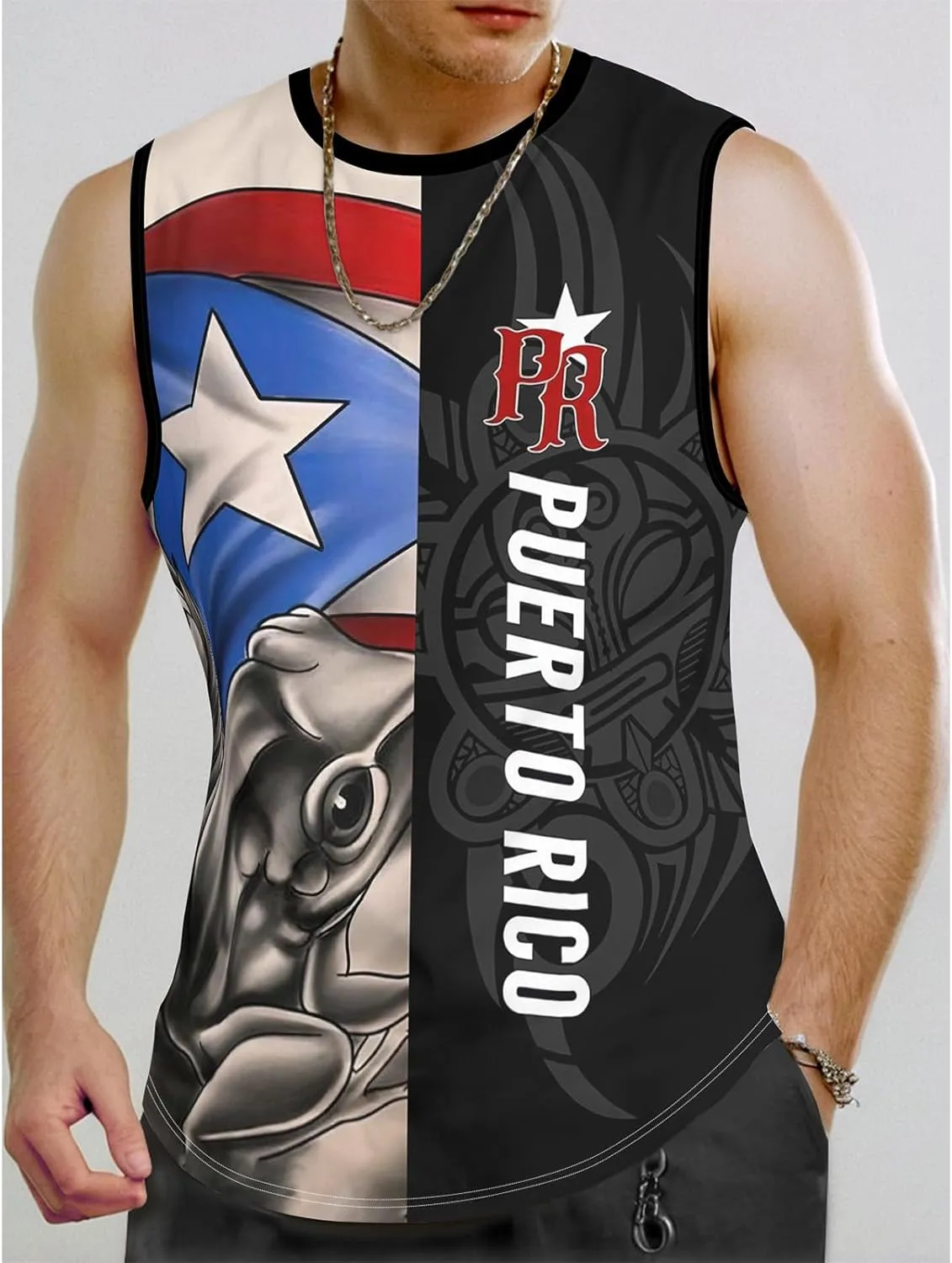 Men's Puerto Rican Flag Tank Top Casual 3D Frog Graphic Print Shirt Quick Dry Sleeveless Sports Vest