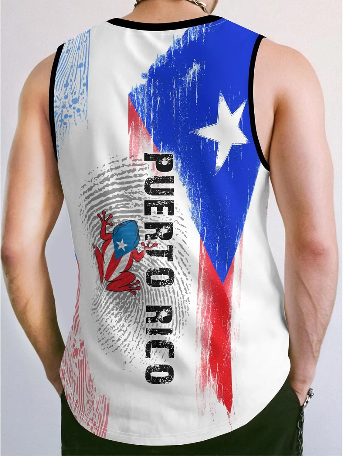 Men's Puerto Rican Flag Tank Top Casual 3D Frog Graphic Print Shirt Quick Dry Sleeveless Sports Vest