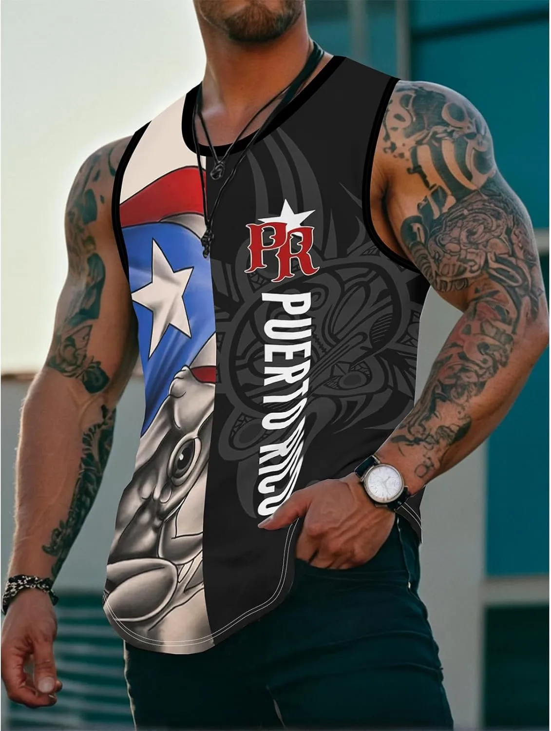 Men's Puerto Rican Flag Tank Top Casual 3D Frog Graphic Print Shirt Quick Dry Sleeveless Sports Vest