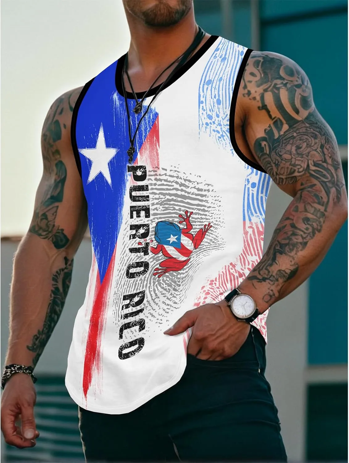 Men's Puerto Rican Flag Tank Top Casual 3D Frog Graphic Print Shirt Quick Dry Sleeveless Sports Vest