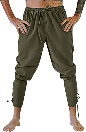 Men's Renaissance Viking Pirate Pants Cotton Ankle Banded with Drawstrings for Cosplay Costume Parties or Fun