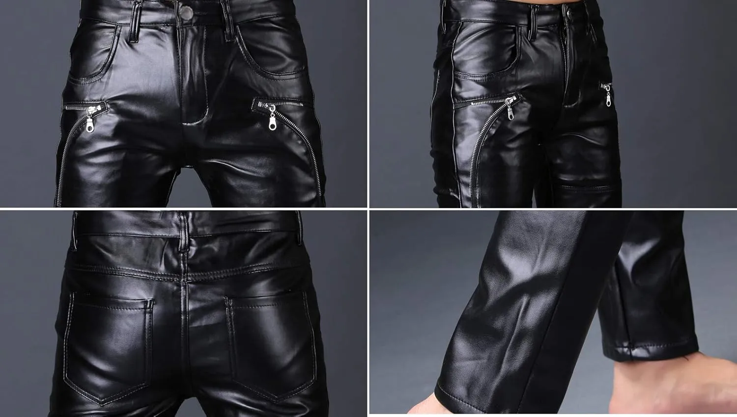 Men`s Rock Steampunk Lace Up PU Leather Pants Slim Fit