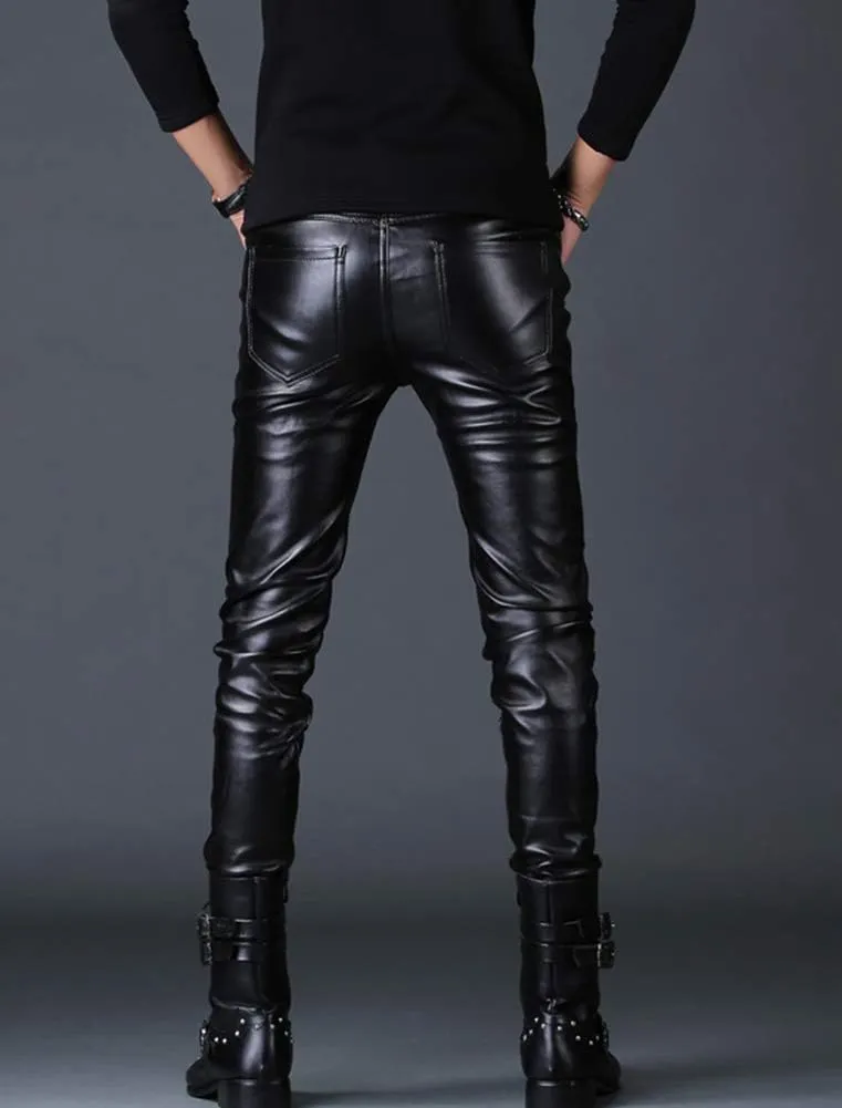 Men`s Rock Steampunk Lace Up PU Leather Pants Slim Fit
