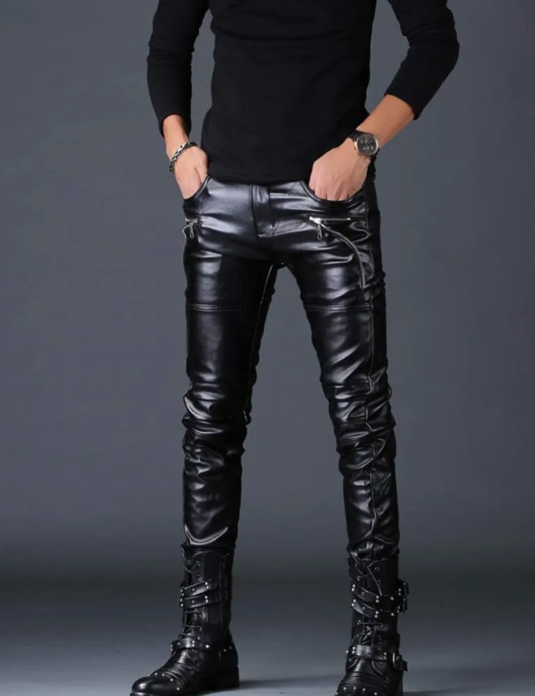 Men`s Rock Steampunk Lace Up PU Leather Pants Slim Fit