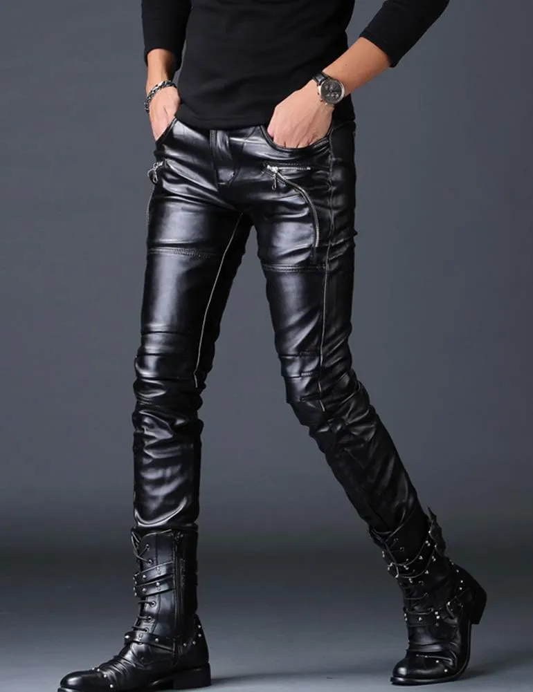 Men`s Rock Steampunk Lace Up PU Leather Pants Slim Fit
