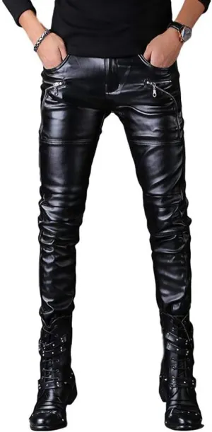 Men`s Rock Steampunk Lace Up PU Leather Pants Slim Fit