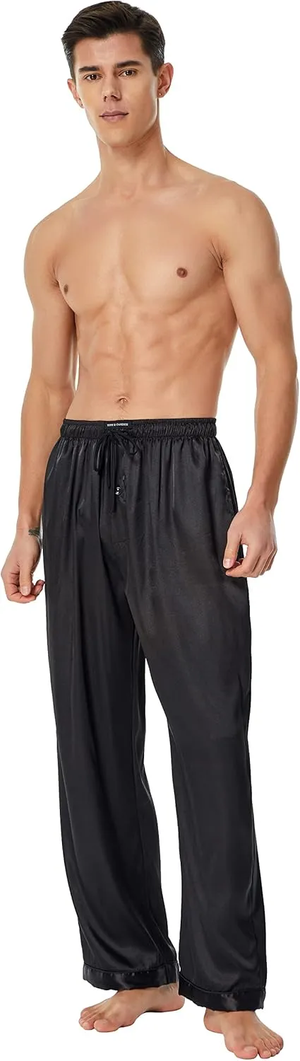 Men's Satin Silk Pajama Pants Long PJ Bottoms, Lounge Sleep Pants with Pockets Pack